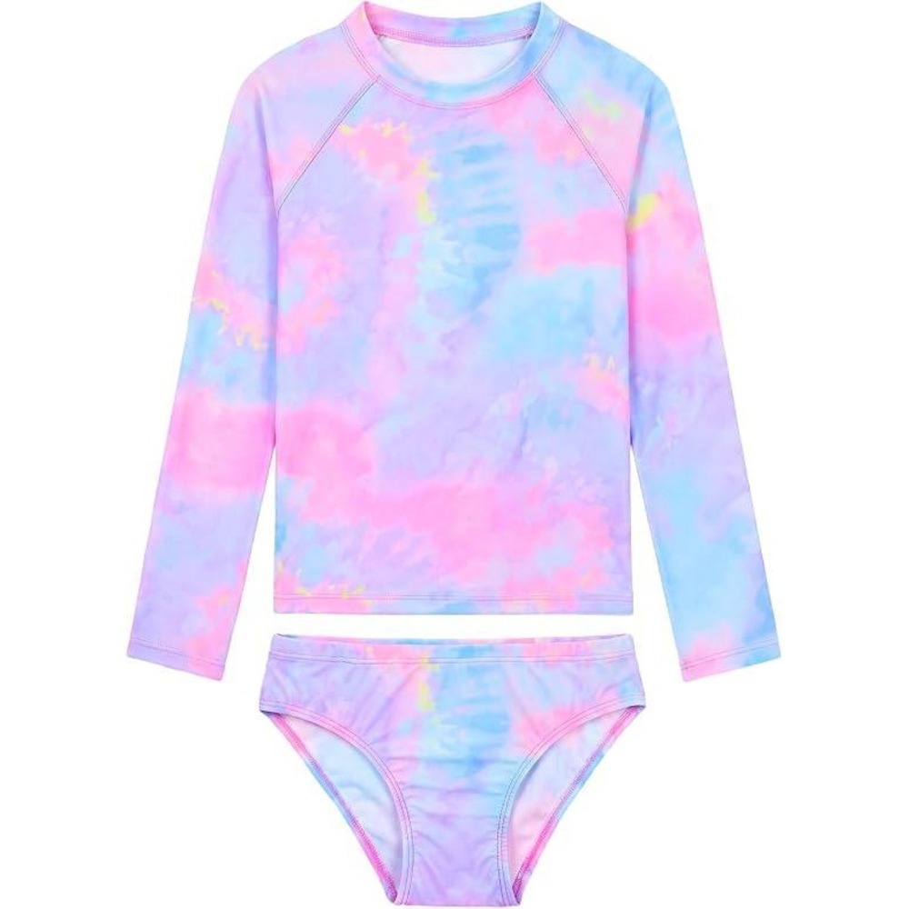 Girls Tie Dye Rash Guard Set Pink Blue Long Sleeve Swimsuit UPF 50 Size 140 NWT